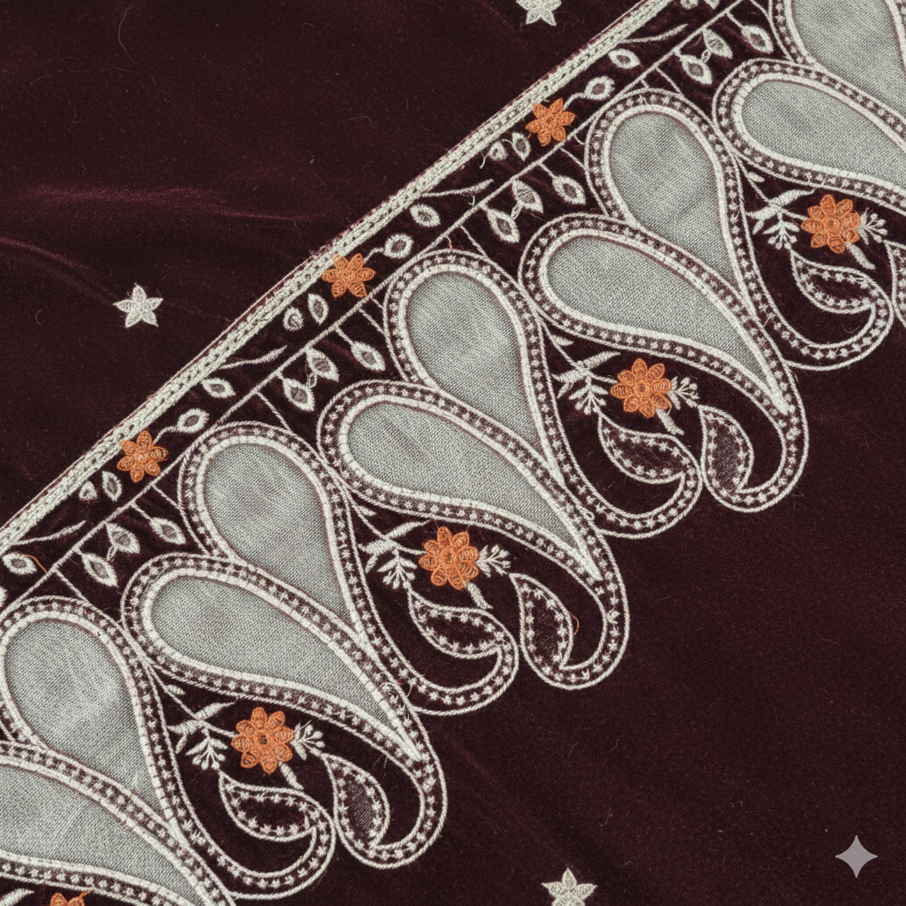 Mehroon Velvet Shawl with net applic (2 side border)