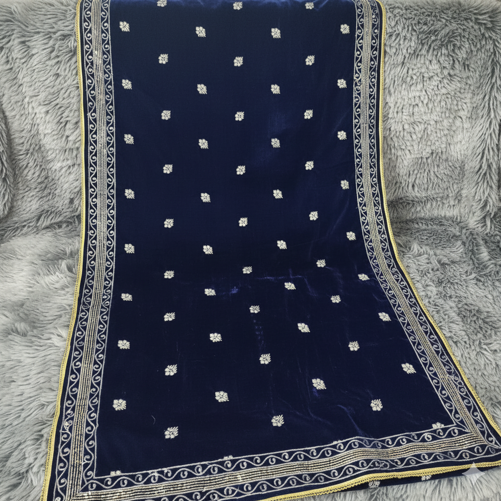 BLUE VELVET SHAWL WITH GOLDEN EMBROIDERY(4 sided border)