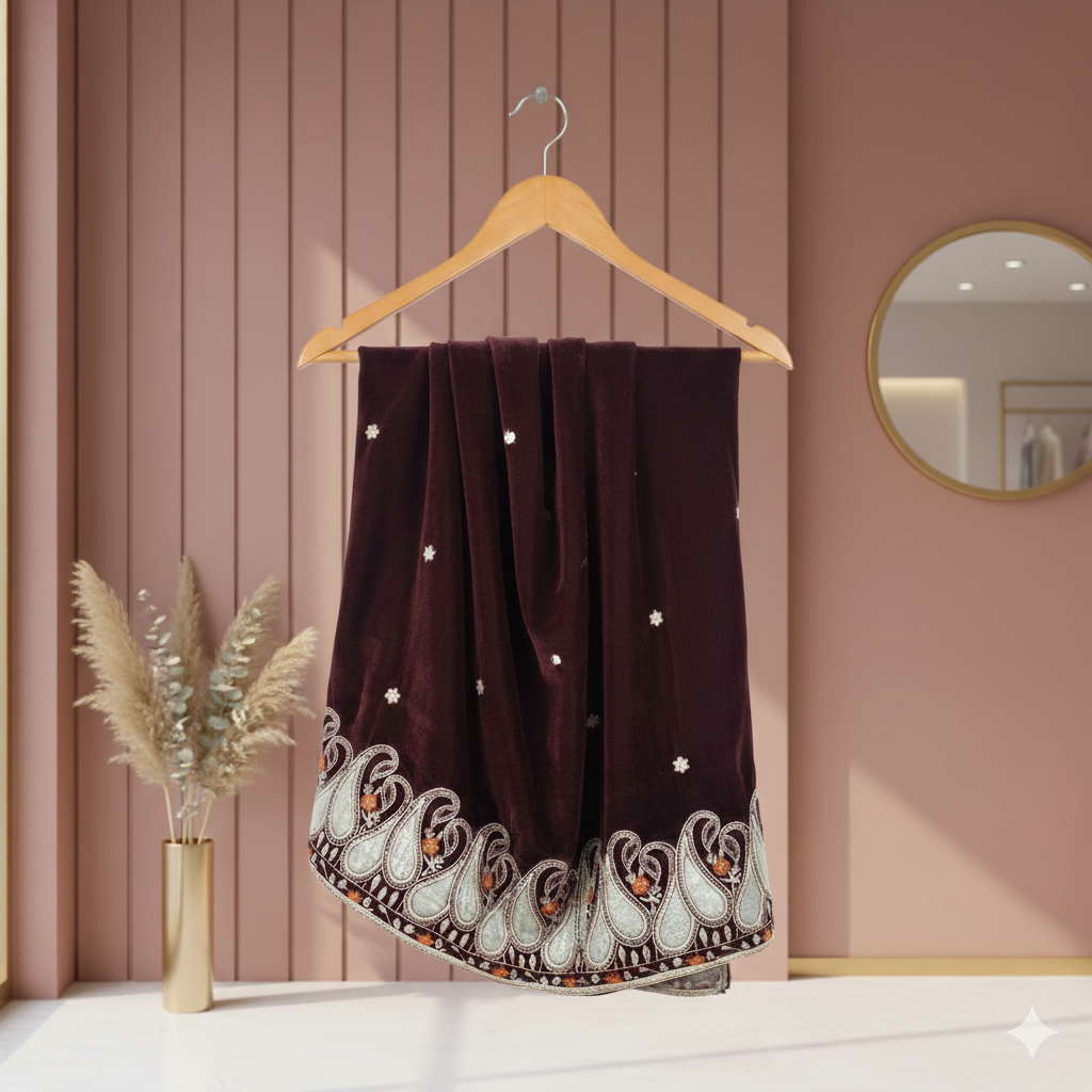 Mehroon Velvet Shawl with net applic (2 side border)