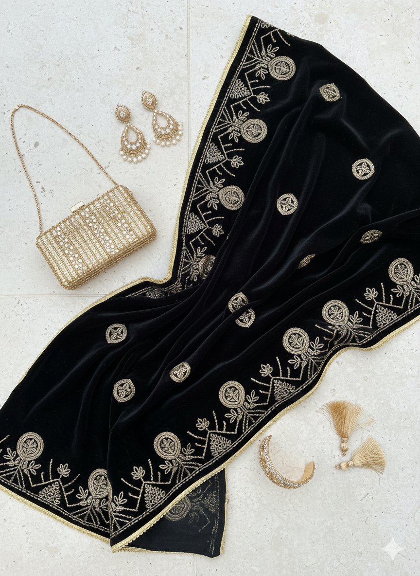 Black velvet shawl with gold embroidery (2 sided border)