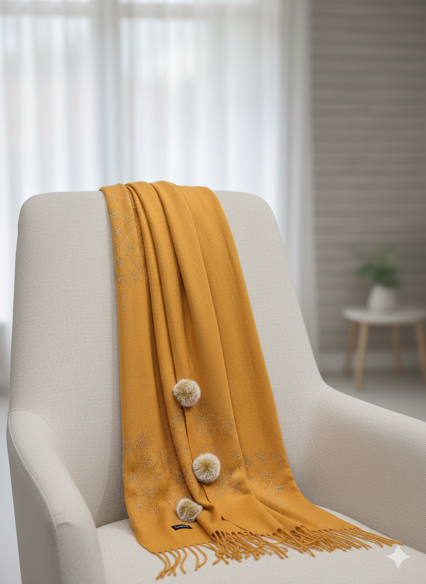 Mustard Crystal Embellished Wool Scarf