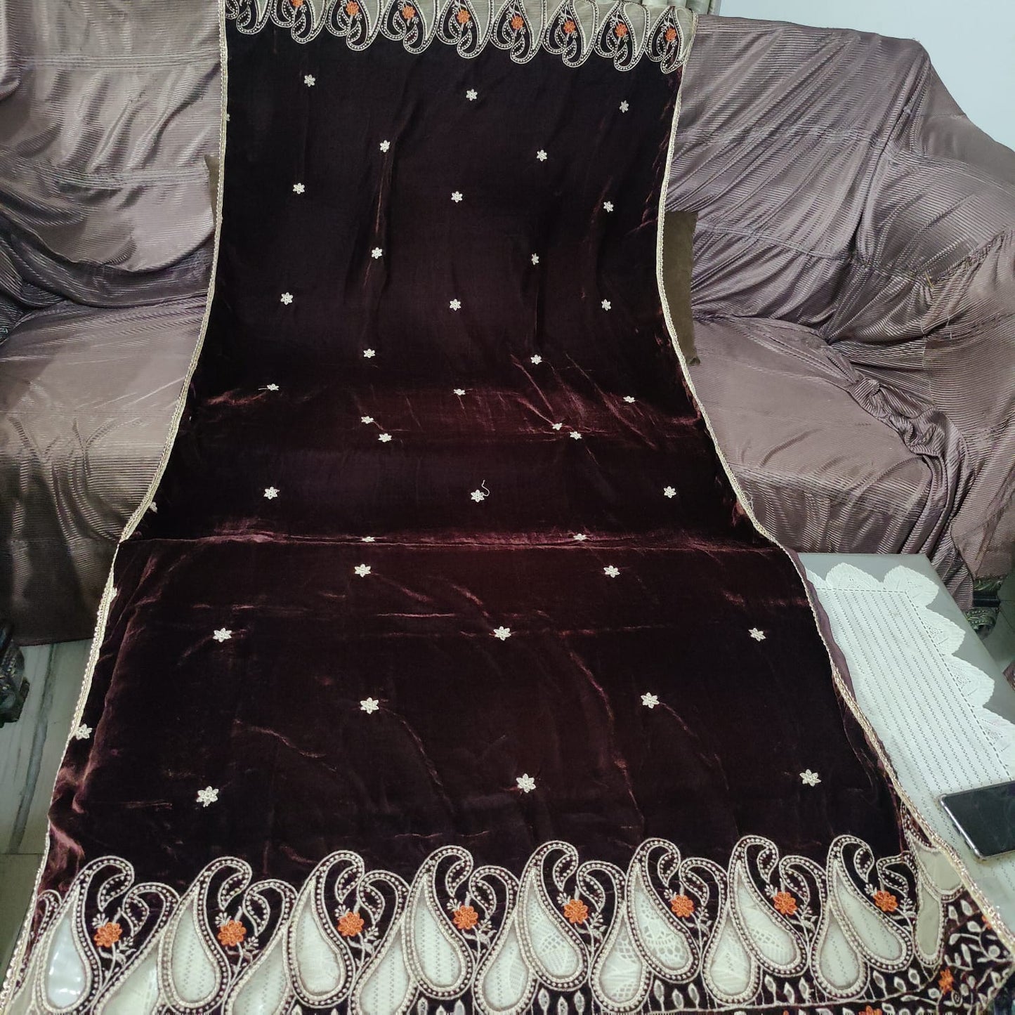 Mehroon Velvet Shawl with net applic (2 side border)