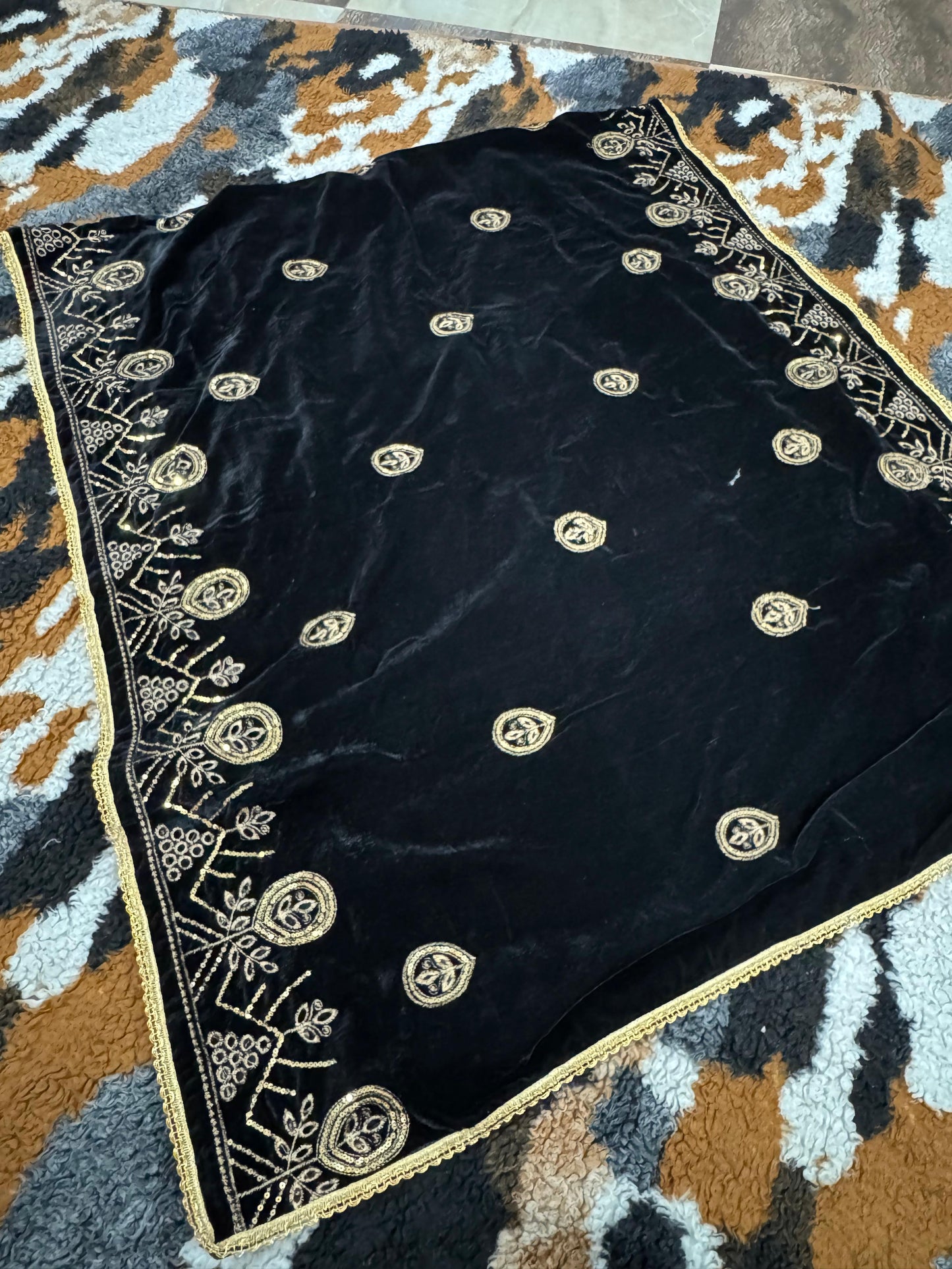 Black velvet shawl with gold embroidery (2 sided border)