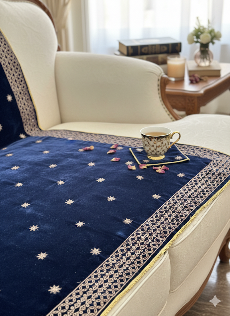 Navy Blue Velvet Shawl with Golden Embroidery (2 sided border)