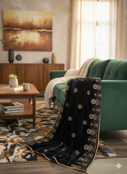 Black velvet shawl with gold embroidery (2 sided border)