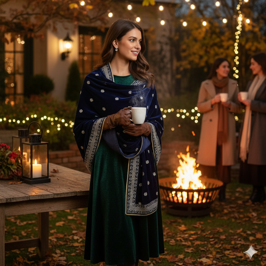 BLUE VELVET SHAWL WITH GOLDEN EMBROIDERY(4 sided border)