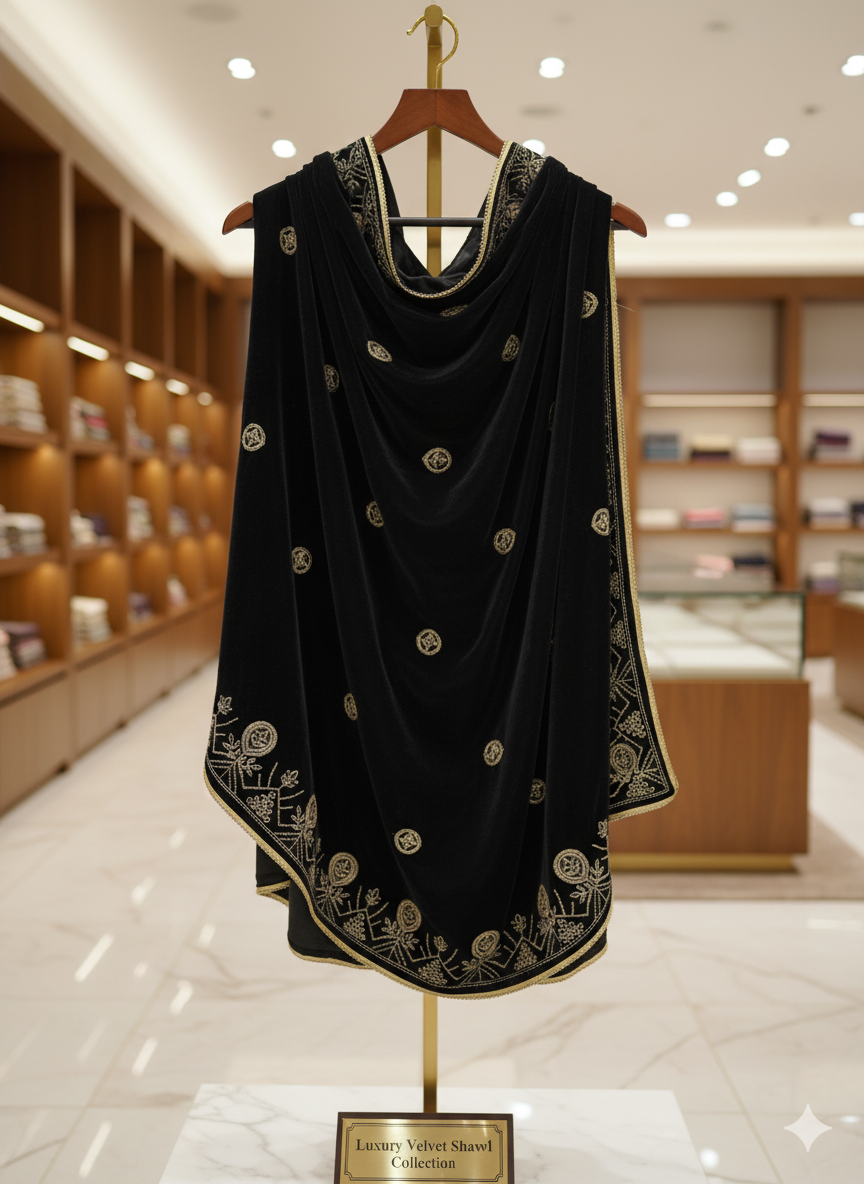 Black velvet shawl with gold embroidery (2 sided border)