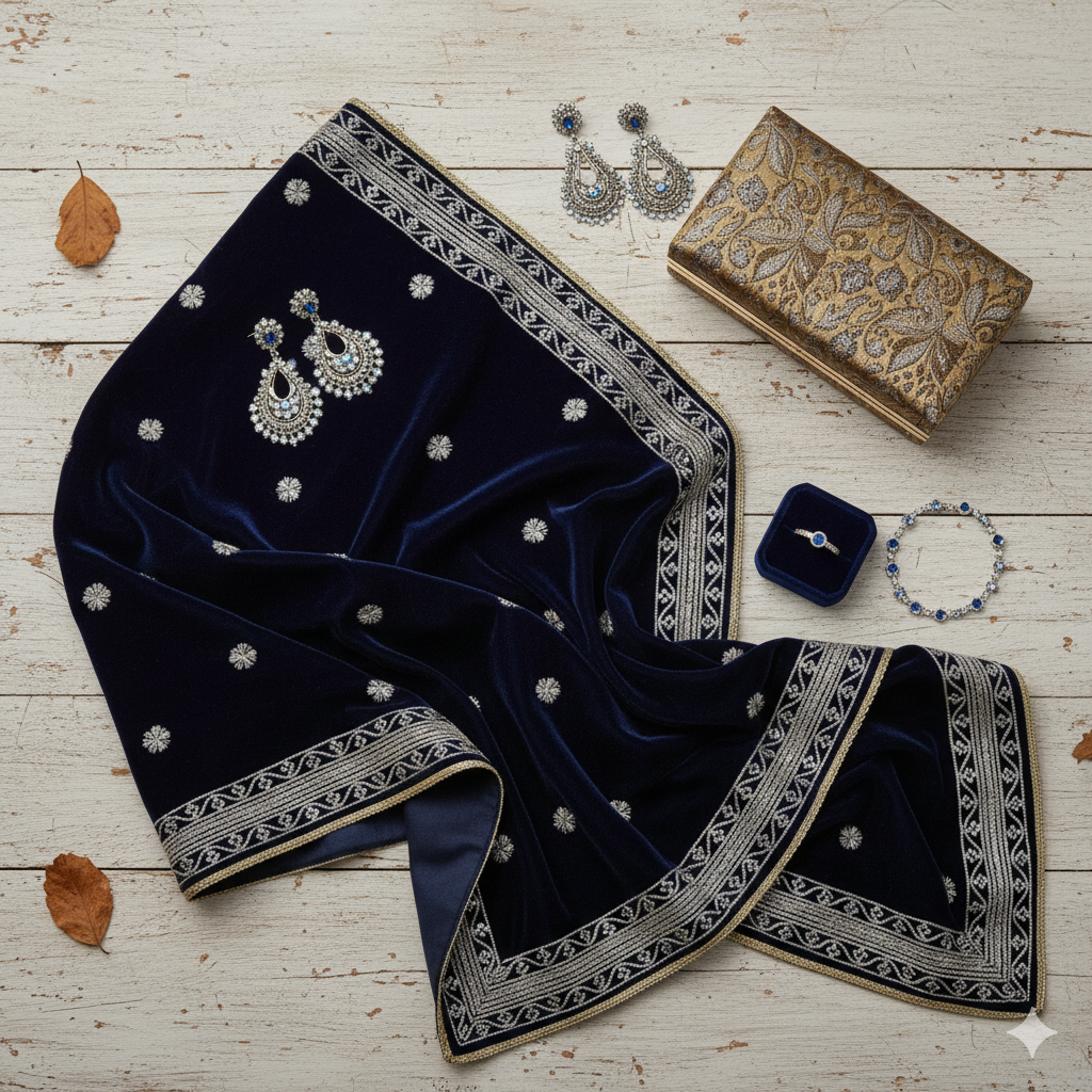BLUE VELVET SHAWL WITH GOLDEN EMBROIDERY(4 sided border)