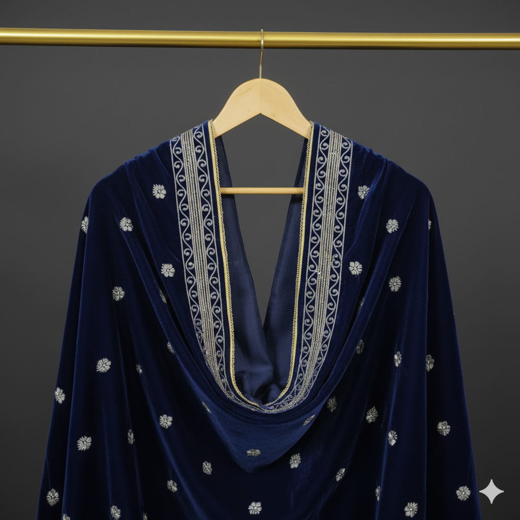 BLUE VELVET SHAWL WITH GOLDEN EMBROIDERY(4 sided border)