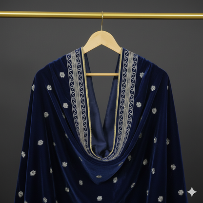 BLUE VELVET SHAWL WITH GOLDEN EMBROIDERY(4 sided border)