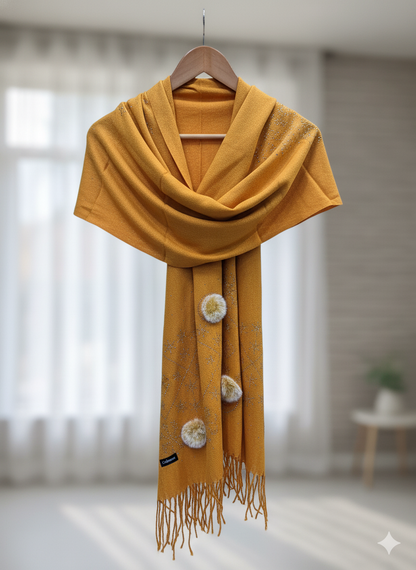 Mustard Crystal Embellished Wool Scarf