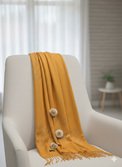 Mustard Crystal Embellished Wool Scarf