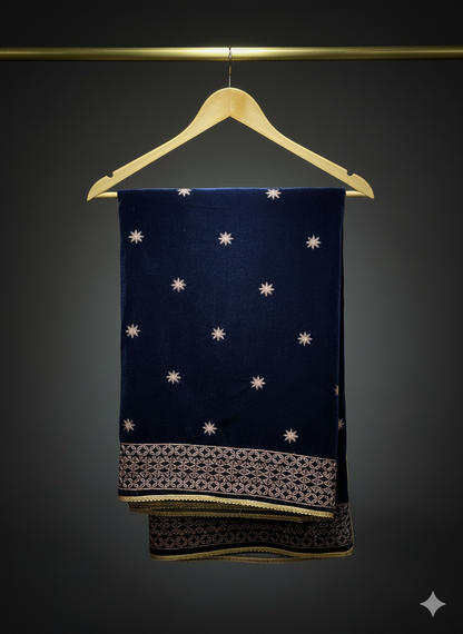 Navy Blue Velvet Shawl with Golden Embroidery (2 sided border)