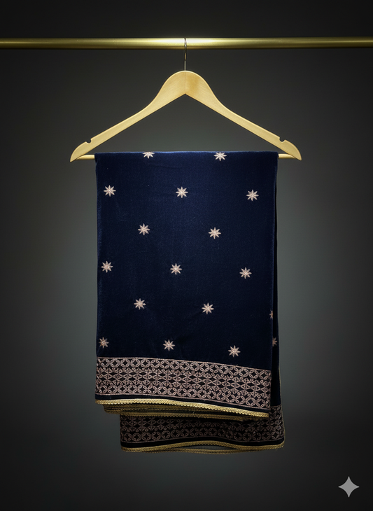 Navy Blue Velvet Shawl with Golden Embroidery (2 sided border)