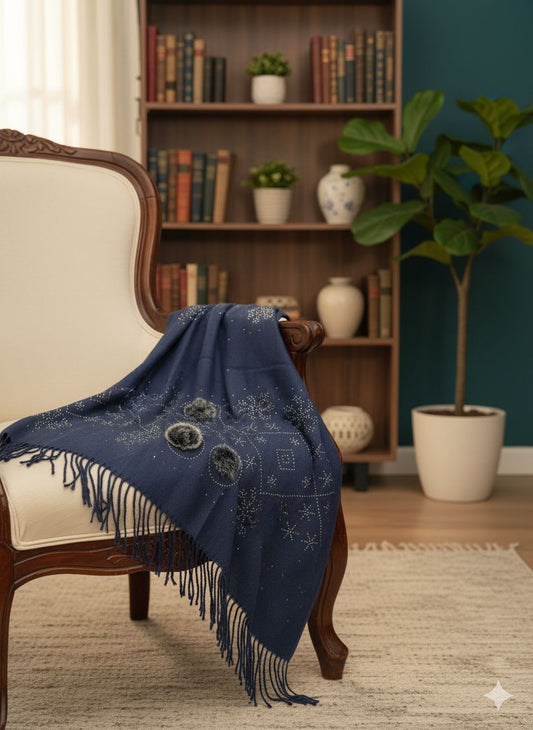 Navy blue Embellished wool scarf