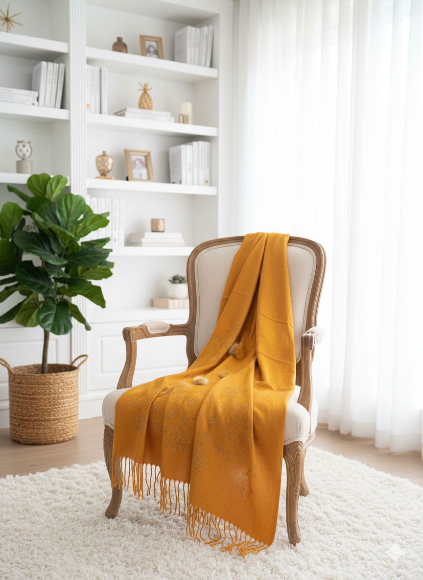 Mustard Crystal Embellished Wool Scarf