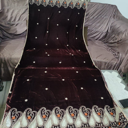 Mehroon Velvet Shawl with net applic (2 side border)