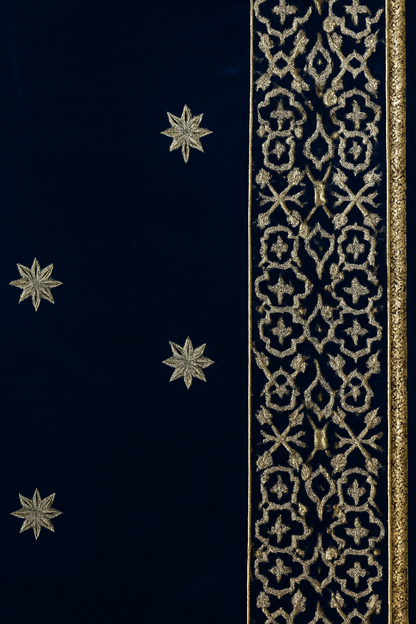Navy Blue Velvet Shawl with Golden Embroidery (2 sided border)