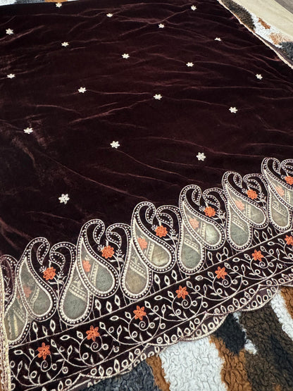 Mehroon Velvet Shawl with net applic (2 side border)