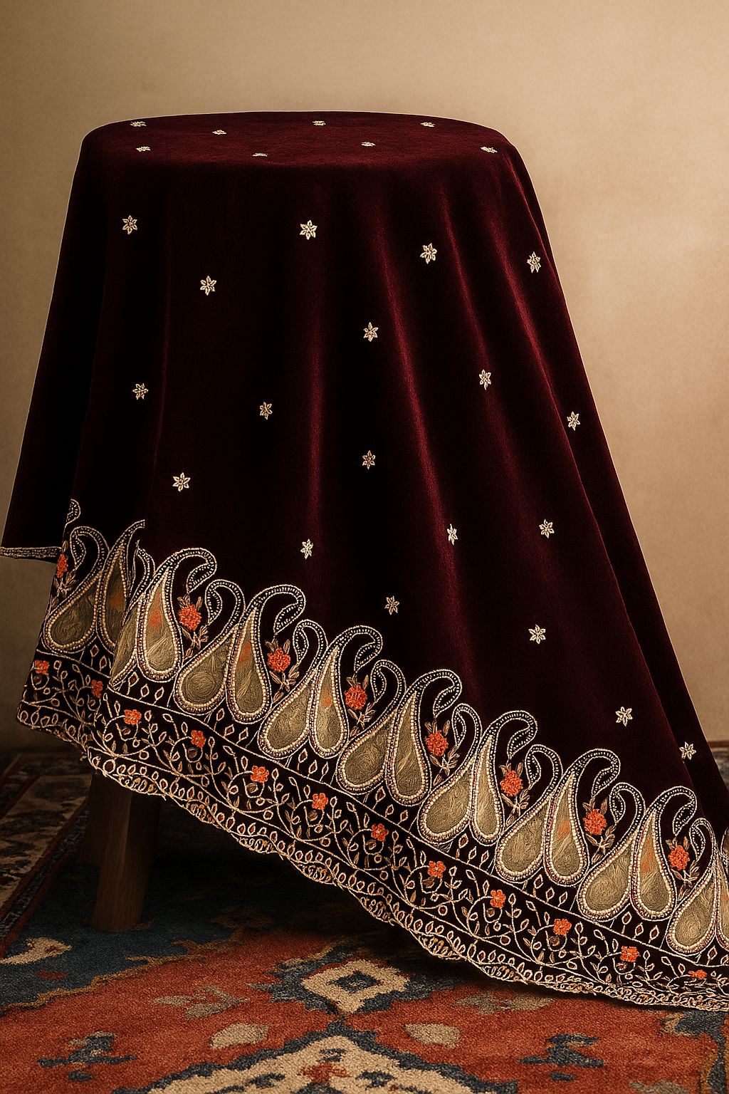 Maroon Velvet Shawl with Golden Paisley