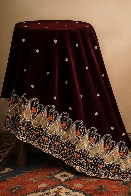 Maroon Velvet Shawl with Golden Paisley