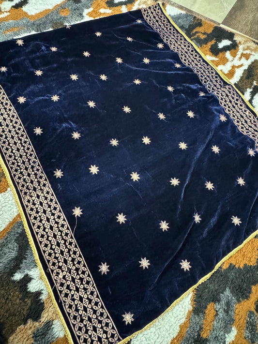Navy Blue Velvet Shawl with Golden Embroidery
