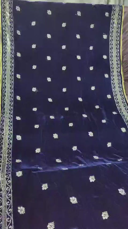BLUE VELVET SHAWL WITH GOLDEN EMBROIDERY(4 sided border)