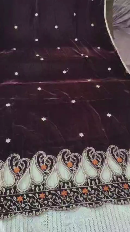 Mehroon Velvet Shawl with net applic (2 side border)